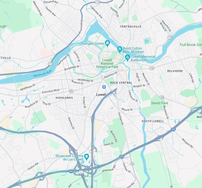 Map showing Griebler Remodeling service area around Lowell, MA